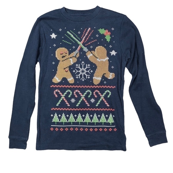 Dec 25th novelty waffle weave long sleeve t-shirt gingerbread men light sabers S - Picture 1 of 4